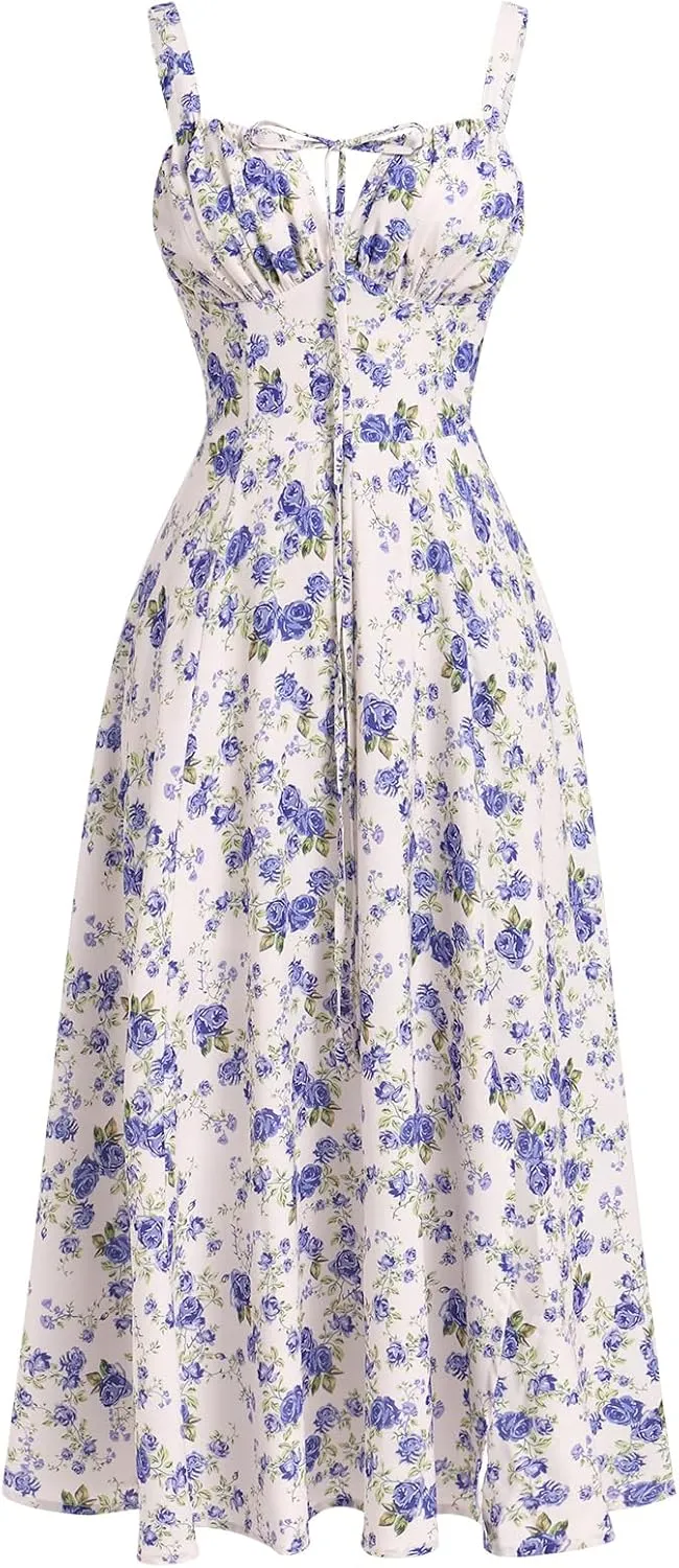 Women Floral Corset Dress Summer Dress 2024 Boho Flowy Slit Lace Up Midi Dresses Going Out A Line Casual Sundress