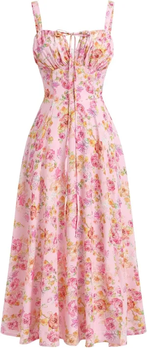 Women Floral Corset Dress Summer Dress 2024 Boho Flowy Slit Lace Up Midi Dresses Going Out A Line Casual Sundress