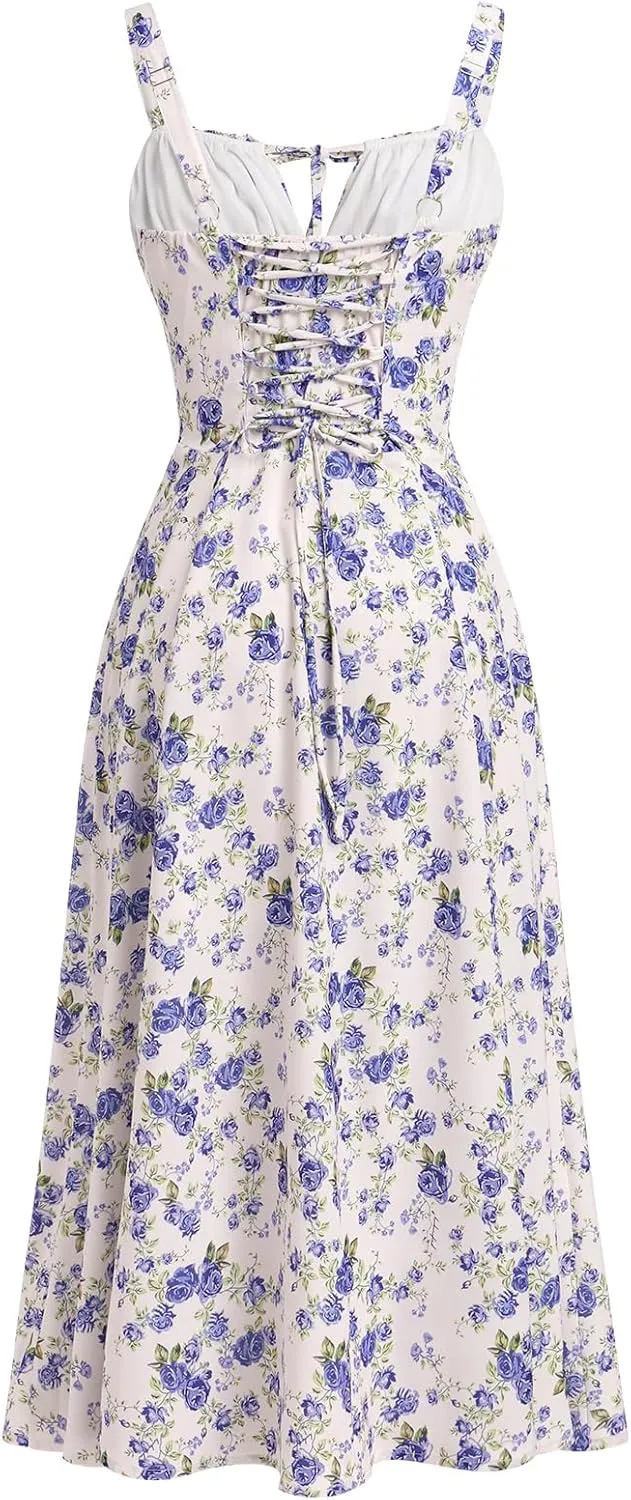Women Floral Corset Dress Summer Dress 2024 Boho Flowy Slit Lace Up Midi Dresses Going Out A Line Casual Sundress