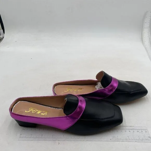Women Luxury Leather Mules, Closed Square Toe Loafer,Med Chunky Heel Black Shoes