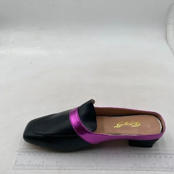Women Luxury Leather Mules, Closed Square Toe Loafer,Med Chunky Heel Black Shoes