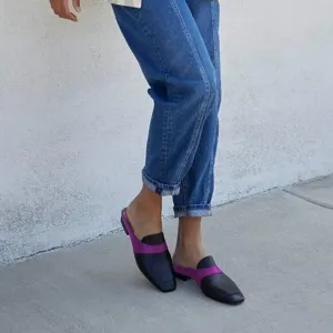 Women Luxury Leather Mules, Closed Square Toe Loafer,Med Chunky Heel Black Shoes