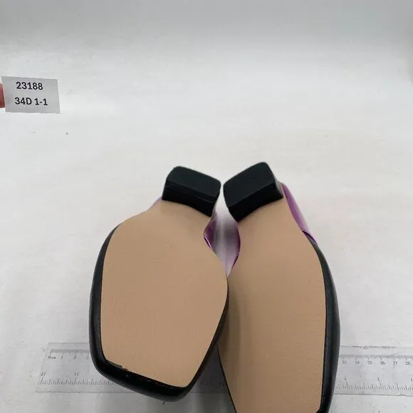 Women Luxury Leather Mules, Closed Square Toe Loafer,Med Chunky Heel Black Shoes