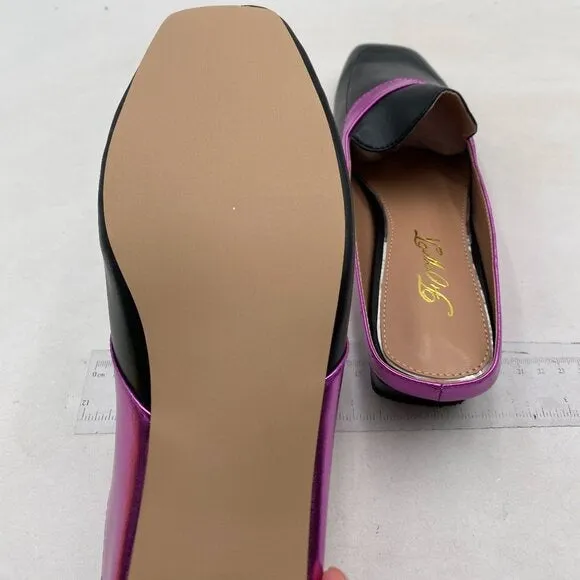 Women Luxury Leather Mules, Closed Square Toe Loafer,Med Chunky Heel Black Shoes