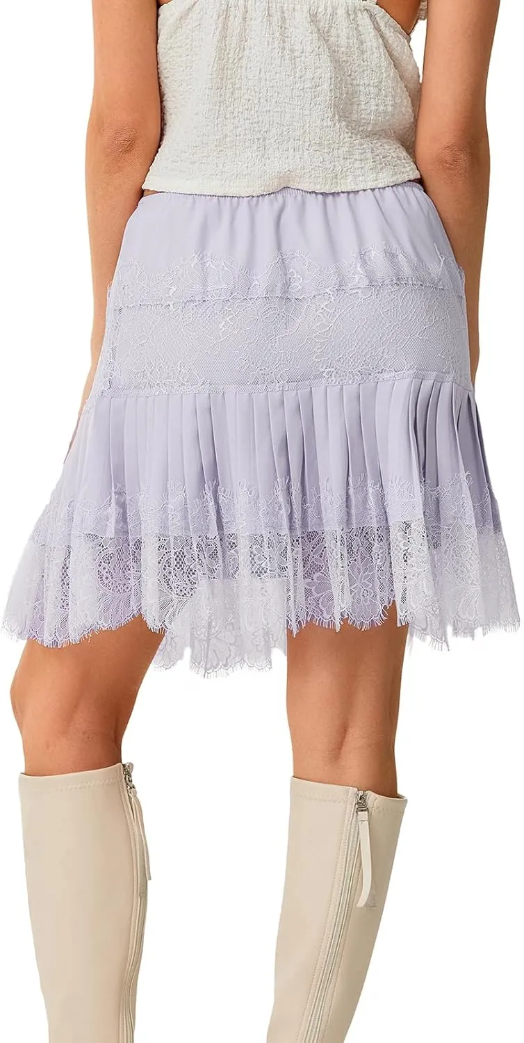 Women Y2k Lace Half Slip Skirt Flowy Ruffle Pleated Mini Skirts Fairy Mesh Floral Mid Rise Layered Short Skirts Underskirt