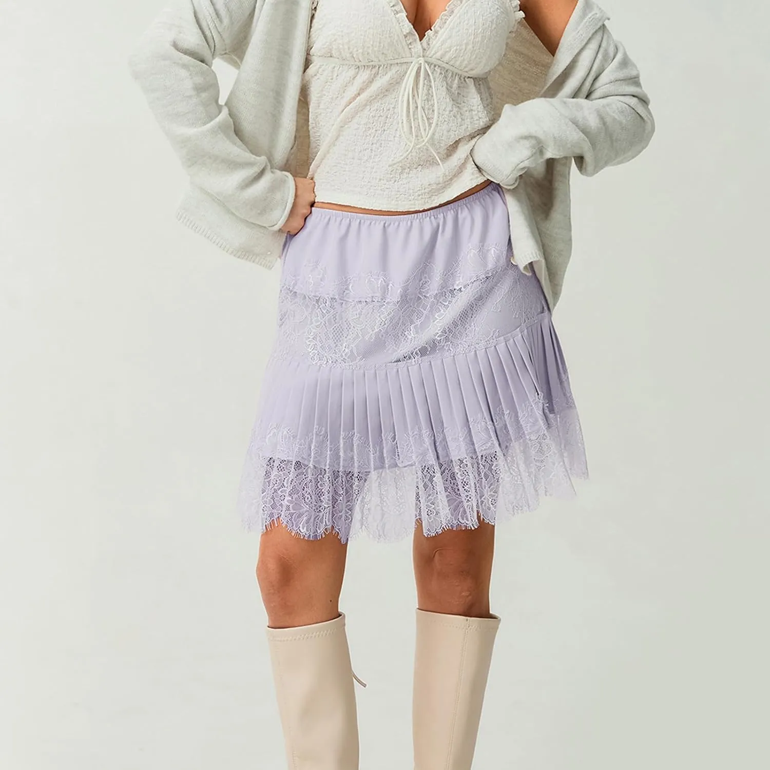 Women Y2k Lace Half Slip Skirt Flowy Ruffle Pleated Mini Skirts Fairy Mesh Floral Mid Rise Layered Short Skirts Underskirt
