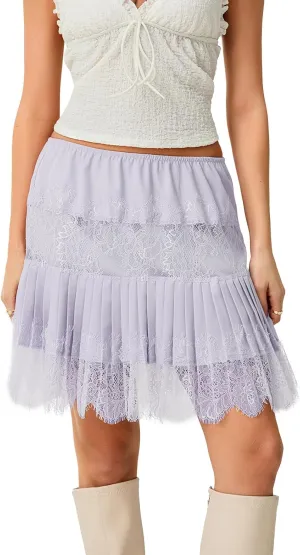 Women Y2k Lace Half Slip Skirt Flowy Ruffle Pleated Mini Skirts Fairy Mesh Floral Mid Rise Layered Short Skirts Underskirt