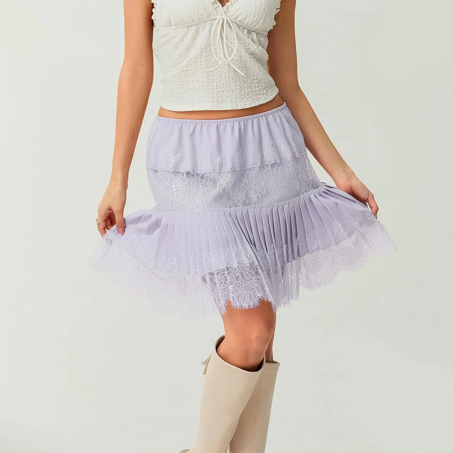 Women Y2k Lace Half Slip Skirt Flowy Ruffle Pleated Mini Skirts Fairy Mesh Floral Mid Rise Layered Short Skirts Underskirt