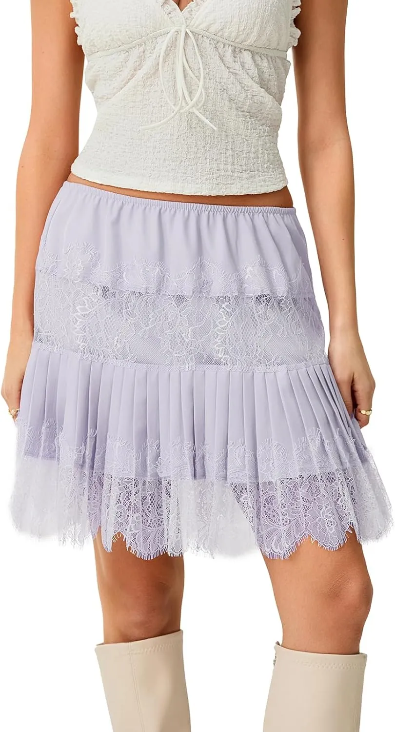 Women Y2k Lace Half Slip Skirt Flowy Ruffle Pleated Mini Skirts Fairy Mesh Floral Mid Rise Layered Short Skirts Underskirt