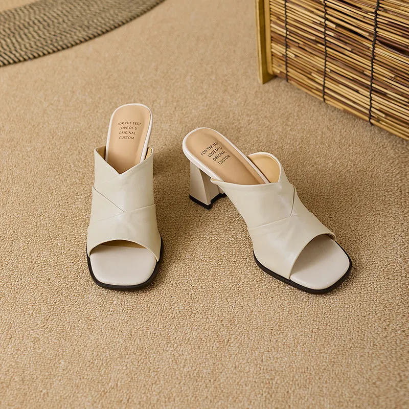 Women's Open Toe Sheepskin Crossover Heeled Mule Sandal