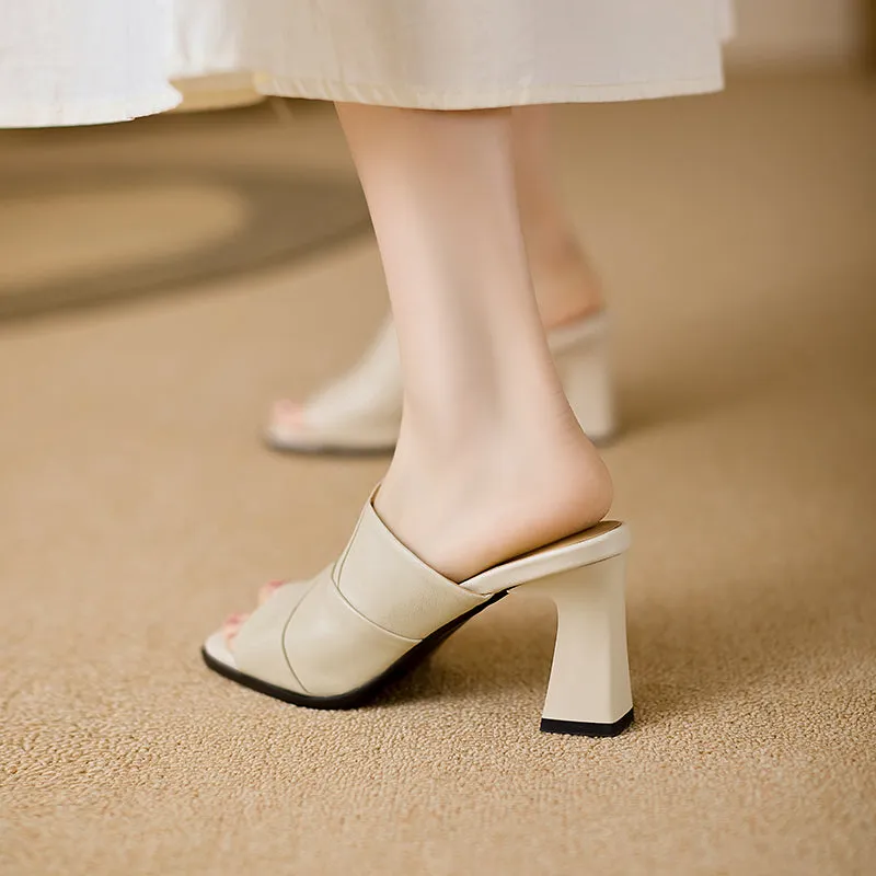 Women's Open Toe Sheepskin Crossover Heeled Mule Sandal