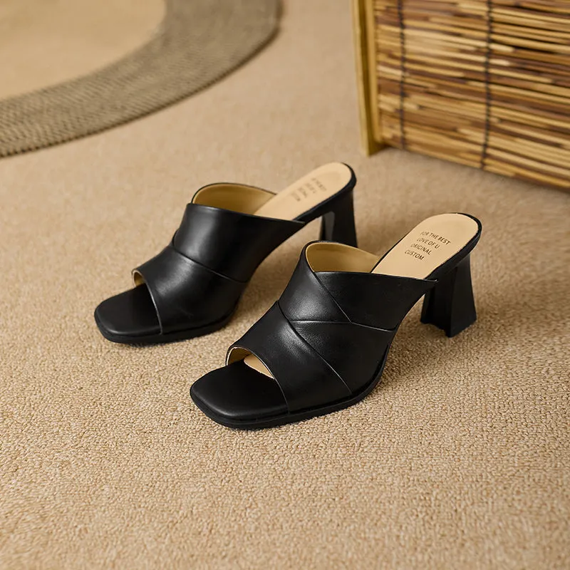 Women's Open Toe Sheepskin Crossover Heeled Mule Sandal