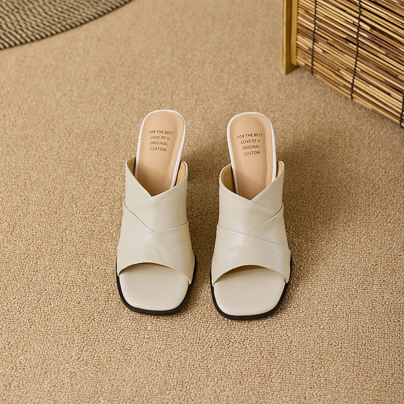 Women's Open Toe Sheepskin Crossover Heeled Mule Sandal