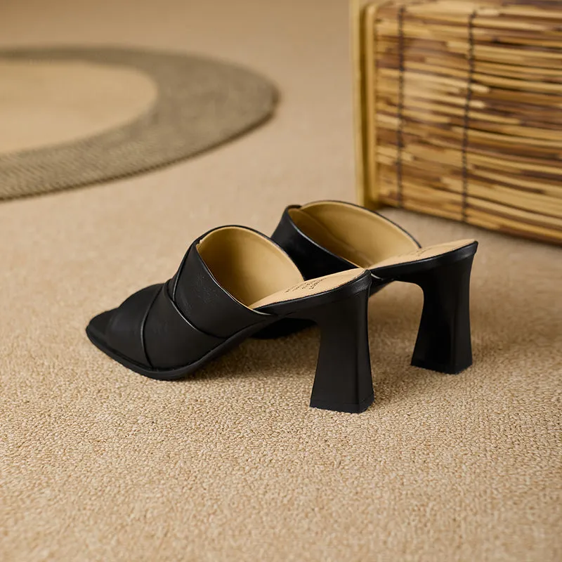 Women's Open Toe Sheepskin Crossover Heeled Mule Sandal