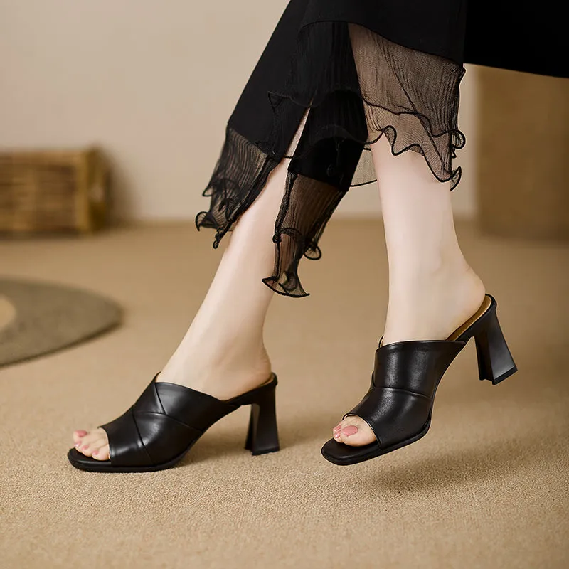 Women's Open Toe Sheepskin Crossover Heeled Mule Sandal