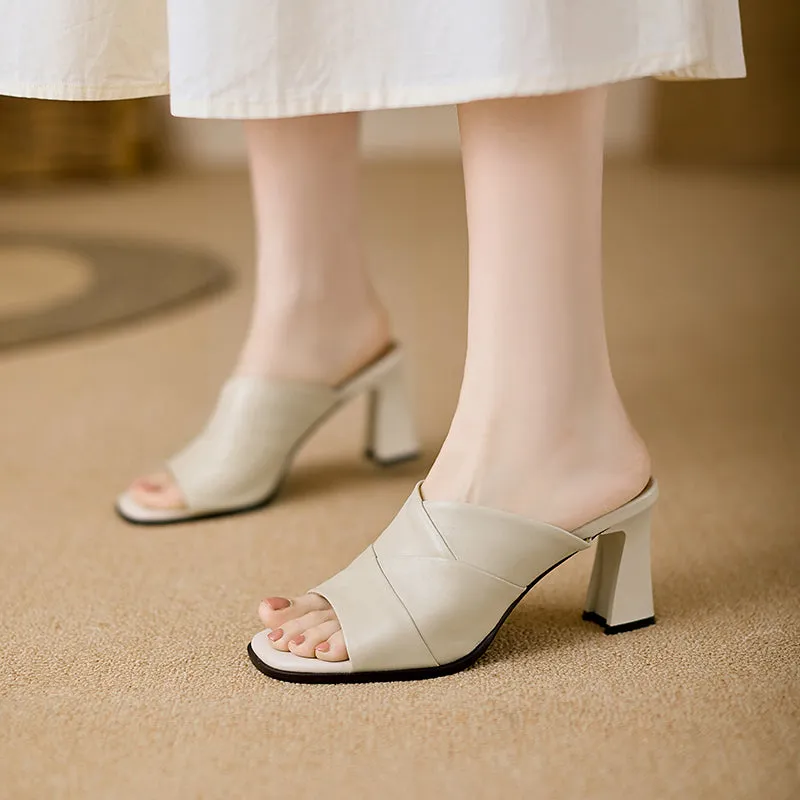 Women's Open Toe Sheepskin Crossover Heeled Mule Sandal
