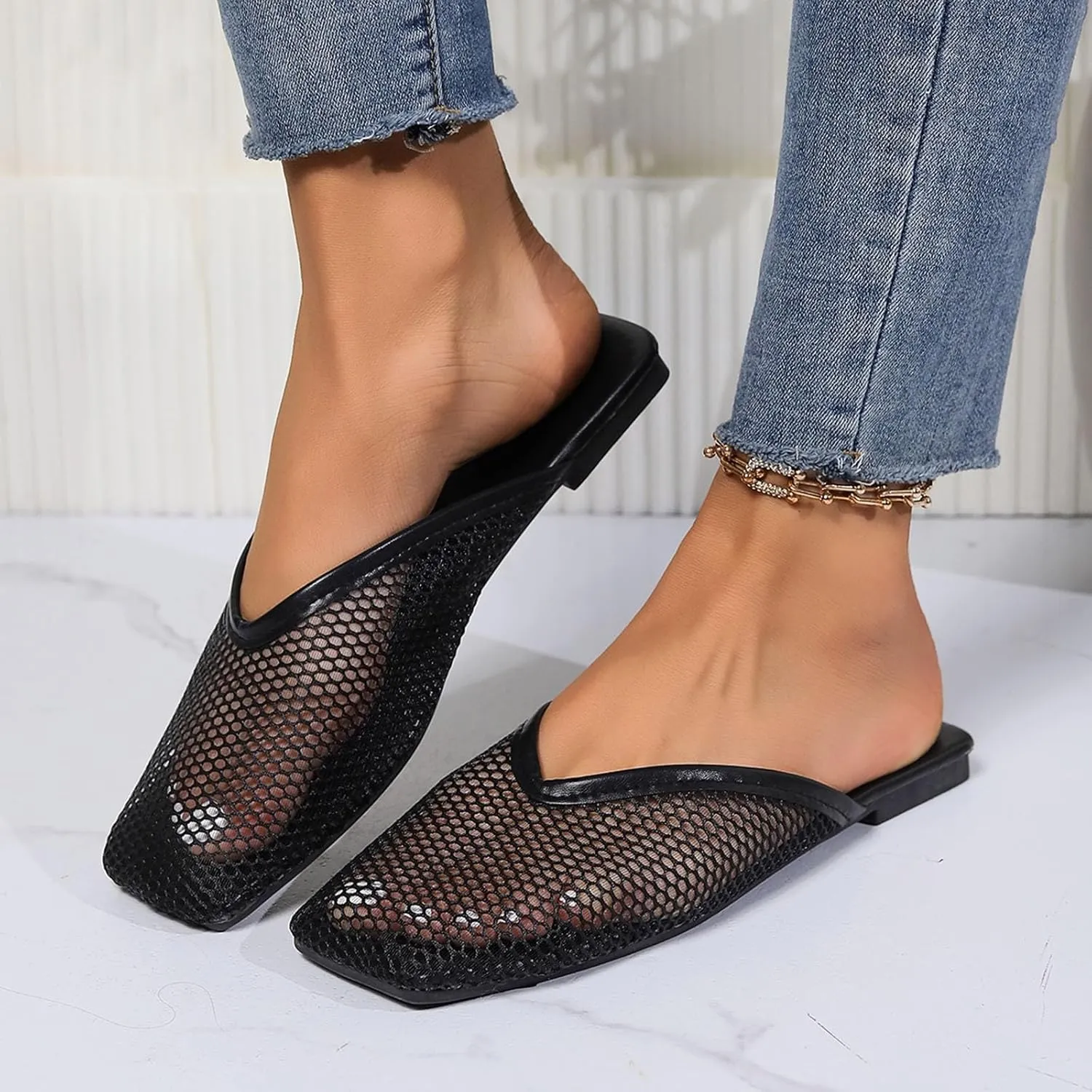 Womens Summer Flat Sandals Slip on Mule Slides Hollow Out Mesh Beach Flats Sandal Closed Toe Casual Slippers Shoes
