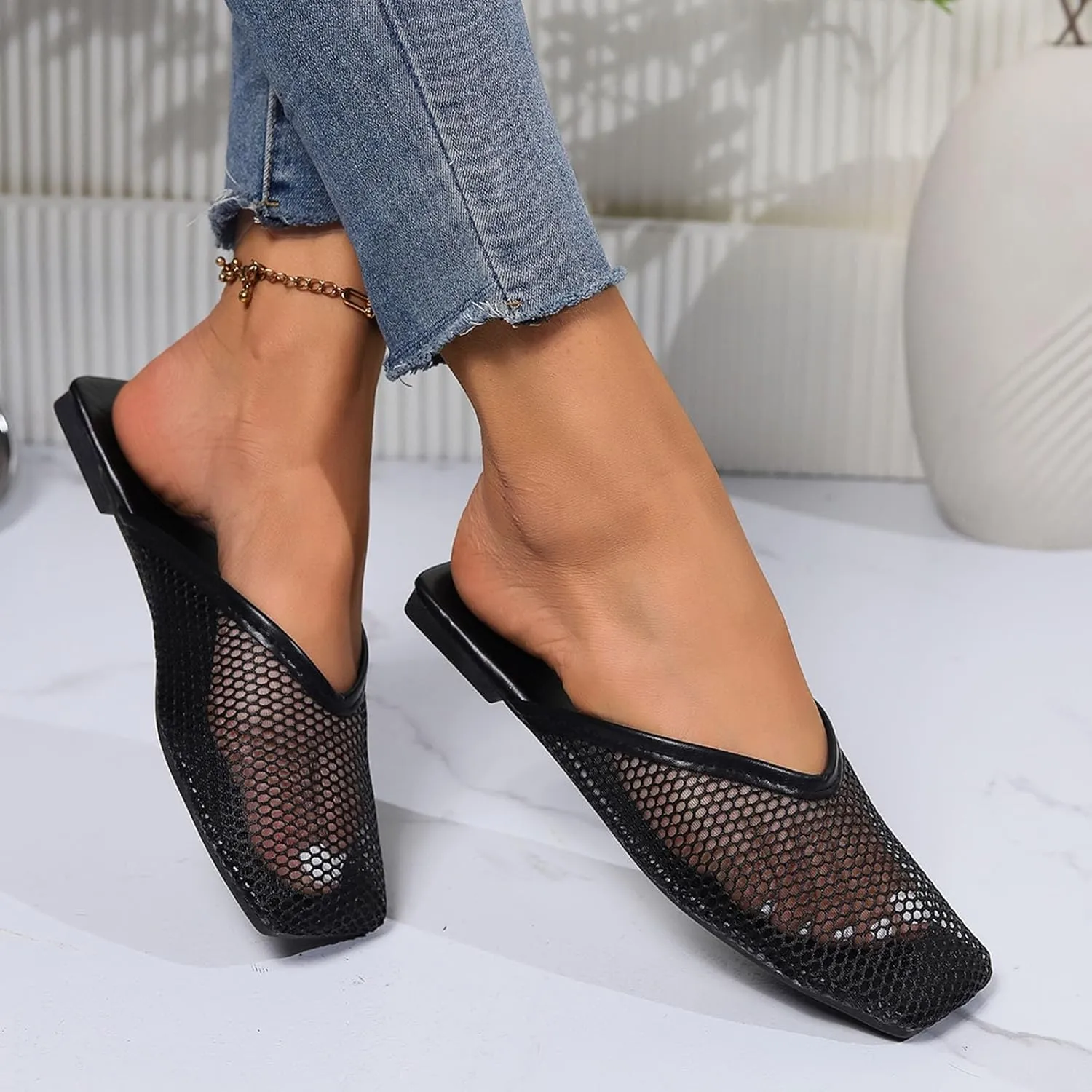 Womens Summer Flat Sandals Slip on Mule Slides Hollow Out Mesh Beach Flats Sandal Closed Toe Casual Slippers Shoes
