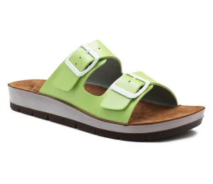 Womens Twin Buckle Strap Sandals in Green Adjustable Slip On Mule Flat Summer Casual Ladies Fashion Slides
