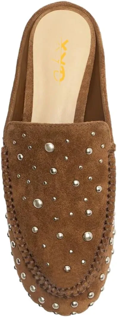 XYD Women Comfortable Slip On Flat Mules with Multisized Studs Closed Round Toe Low Heel Dressy Chic Daily Fall Shoes