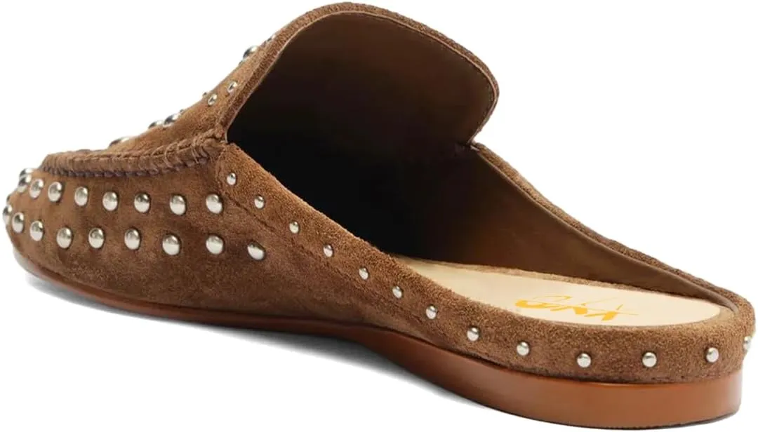 XYD Women Comfortable Slip On Flat Mules with Multisized Studs Closed Round Toe Low Heel Dressy Chic Daily Fall Shoes